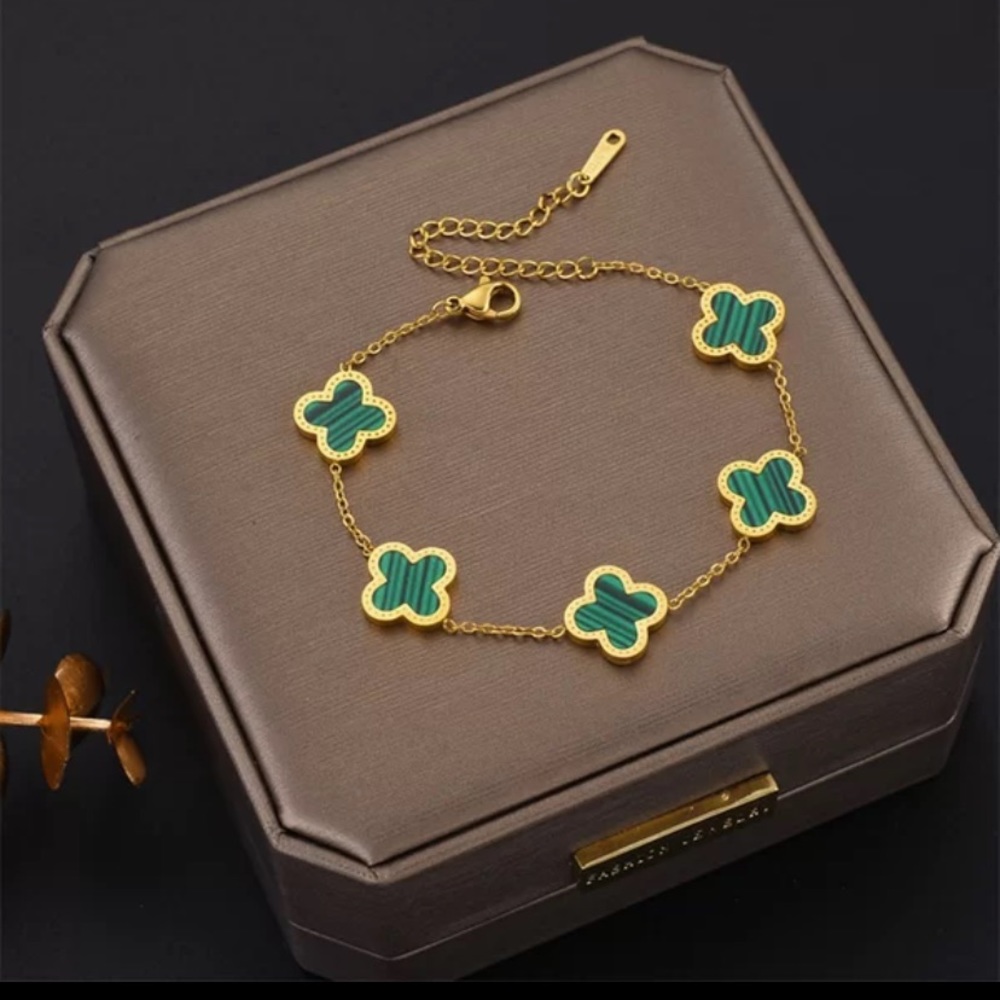 💎18k Green Malachite BRACELET 5 Motifs Clover Flower DESIGNER INSPIRED - Picture 4 of 5
